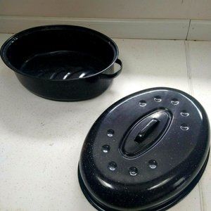 BLUE ENAMELWARE SPECKLED ROASTER ROASTING PAN LARGE 16.5" WITH LID